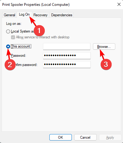 print-spooler-properties-log-on-tab-this-account-browse